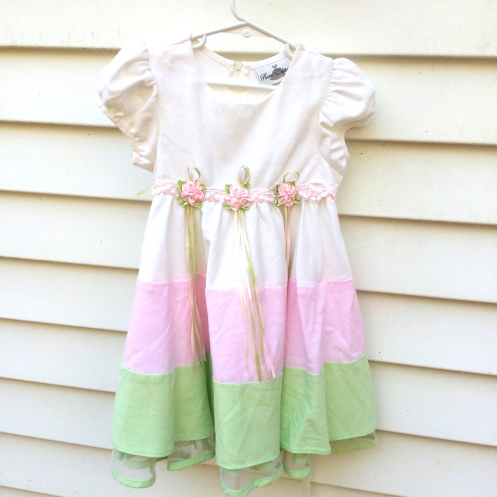 Rare Editions Dress Girls Sz 4 White Pink Green Rosettes Puff Sleeve Pastel